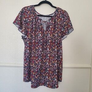 SimpleFun Womens XL Floral Keyhole Flutter Sleeve Blouse Navy Multi Color Top